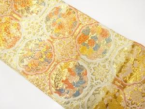 格子に草花模様織り出し　袋帯